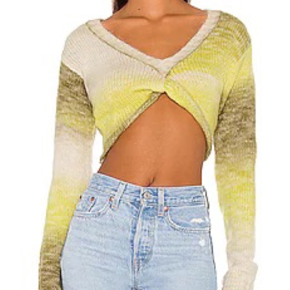 For Love & Lemons Celeste Twist Front Crop Sweater in Green Ombre | REVOLVE